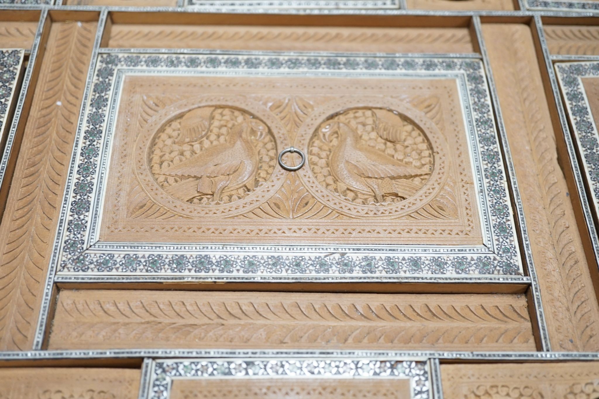 A 19th century Southern Indian sadeli-work sandalwood sewing box, 44cms wide x 30 deep.